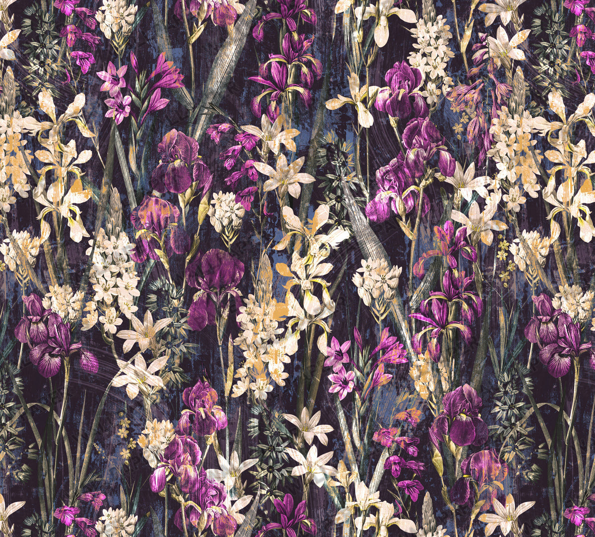 Dark Iris Meadow Wallpaper : Moody Purple and Gold Floral Mural - View 2