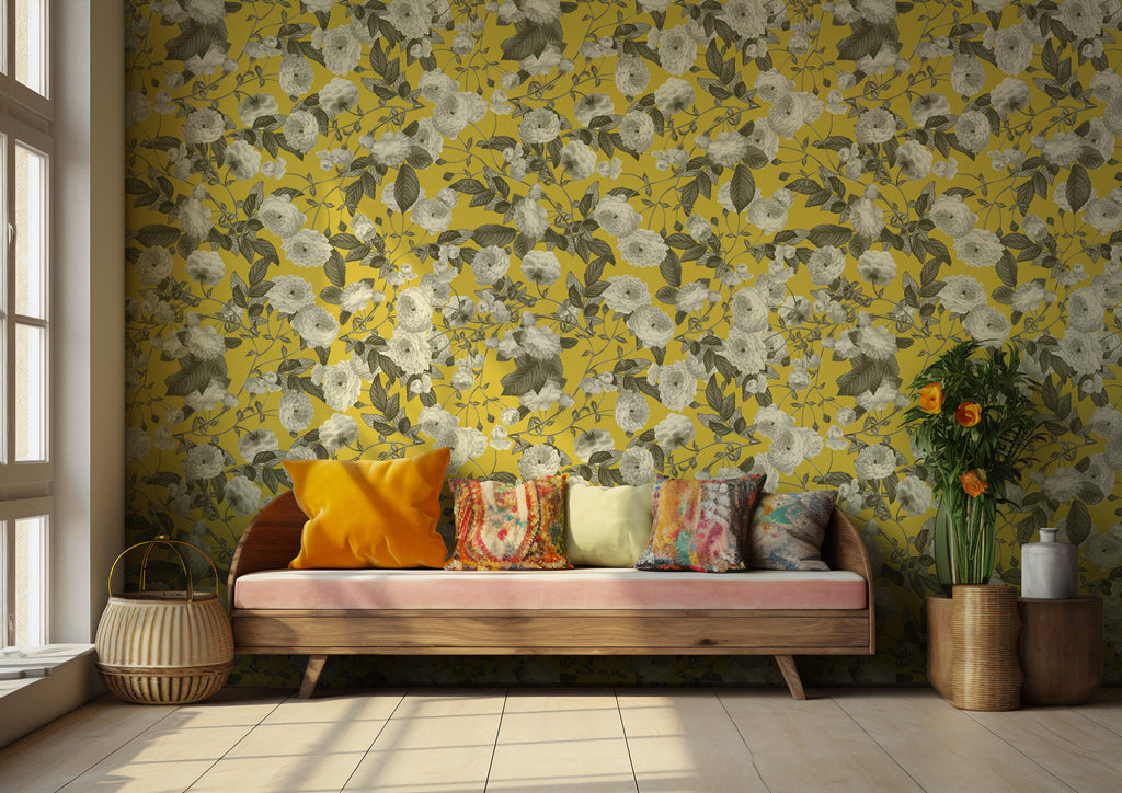 Mustard Rose Wallpaper : Yellow Ground White Bloom Wall Mural