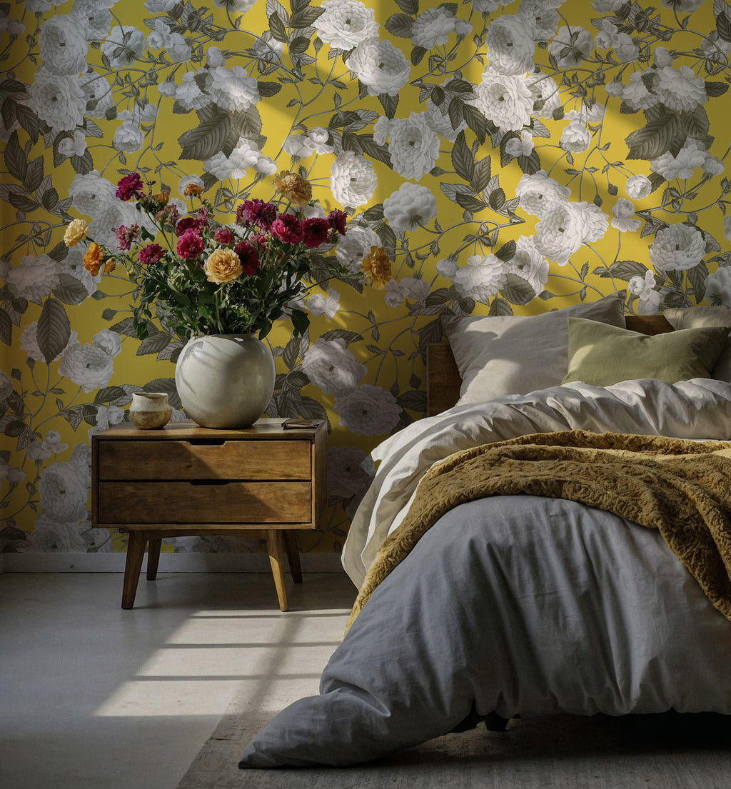 Mustard Rose Wallpaper : Yellow Ground White Bloom Wall Mural - View 4
