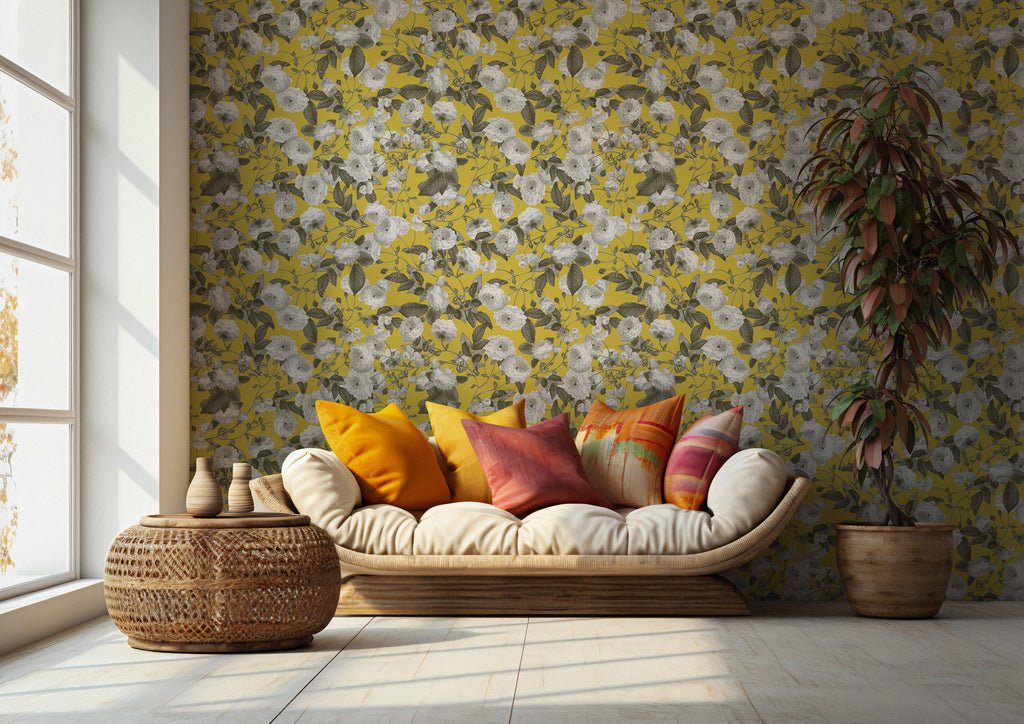Mustard Rose Wallpaper : Yellow Ground White Bloom Wall Mural - View 5