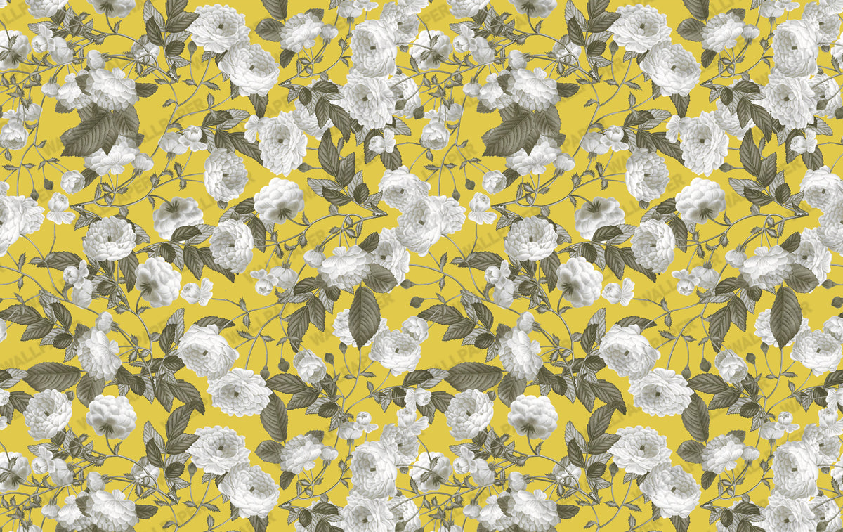 Mustard Rose Wallpaper : Yellow Ground White Bloom Wall Mural - View 2