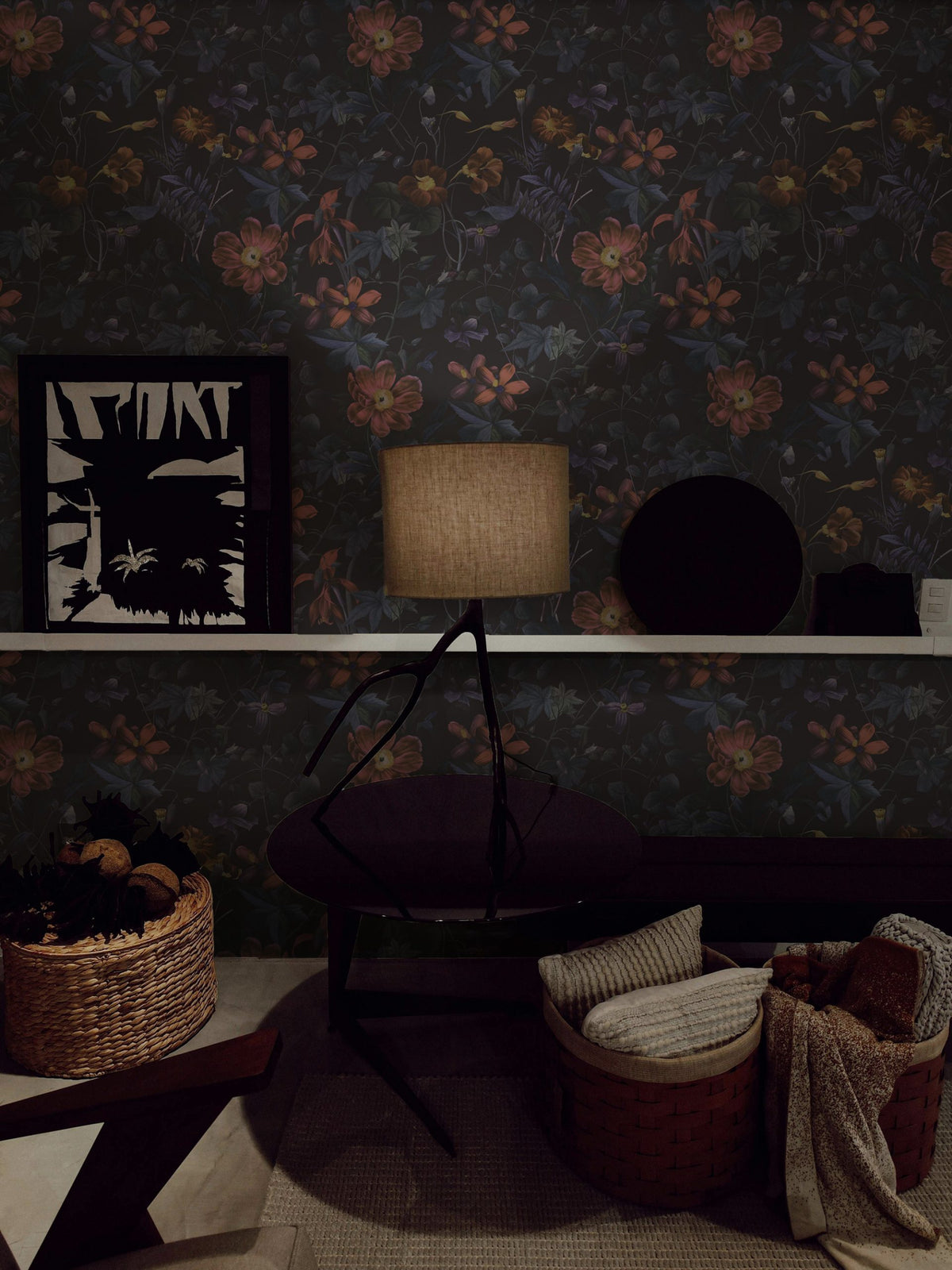 Night Garden Wallpaper : Dark Rust and Mauve Floral Wall Mural - View 3