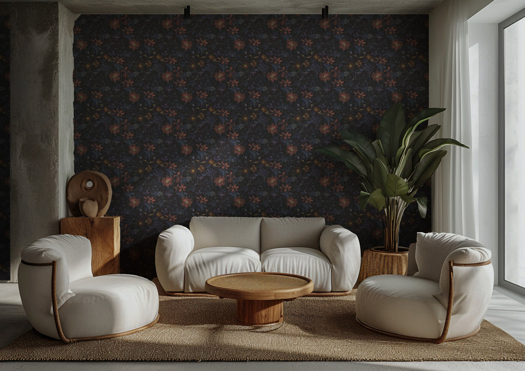 Night Garden Wallpaper : Dark Rust and Mauve Floral Wall Mural - View 4