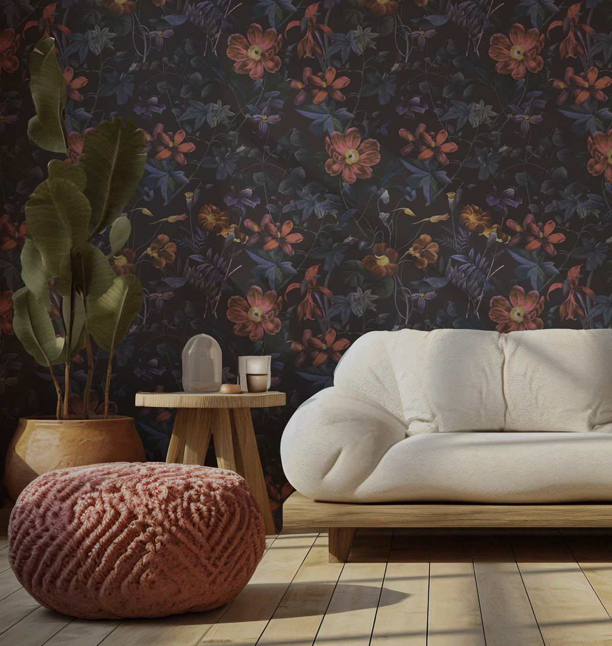 Night Garden Wallpaper : Dark Rust and Mauve Floral Wall Mural