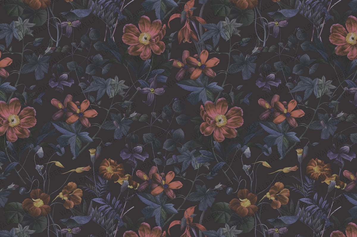 Night Garden Wallpaper : Dark Rust and Mauve Floral Wall Mural - View 2