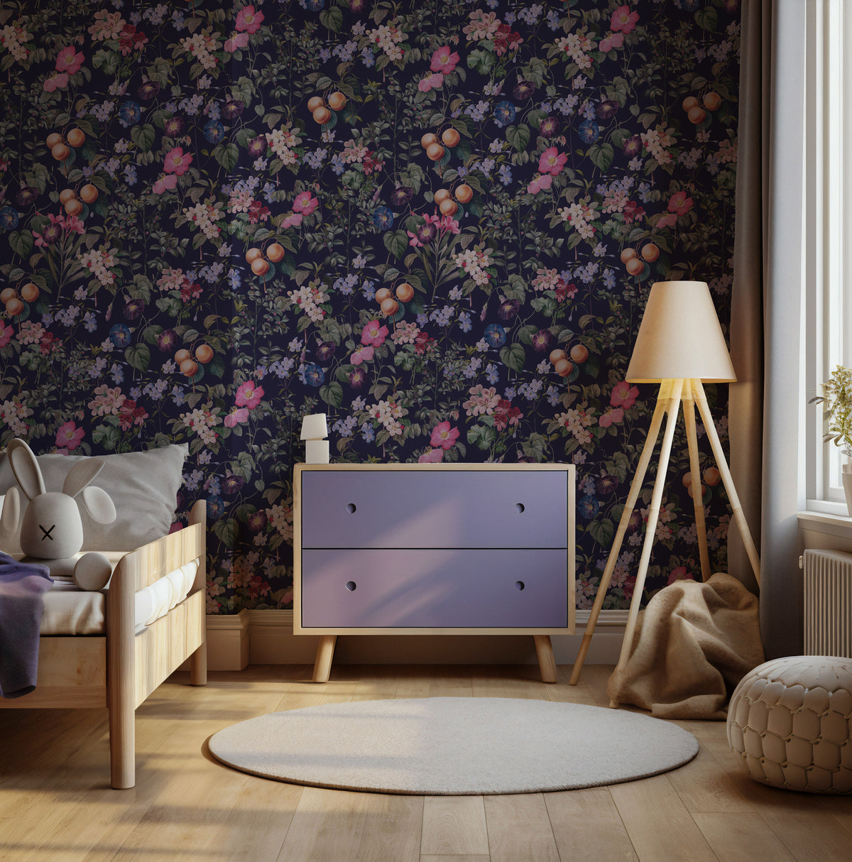 Plum Peach Orchard Wallpaper : Dark Fruit and Floral Wall Mural - View 5