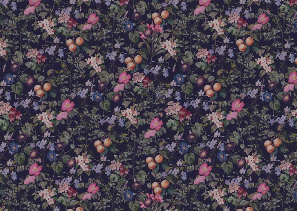 Plum Peach Orchard Wallpaper : Dark Fruit and Floral Wall Mural - View 2