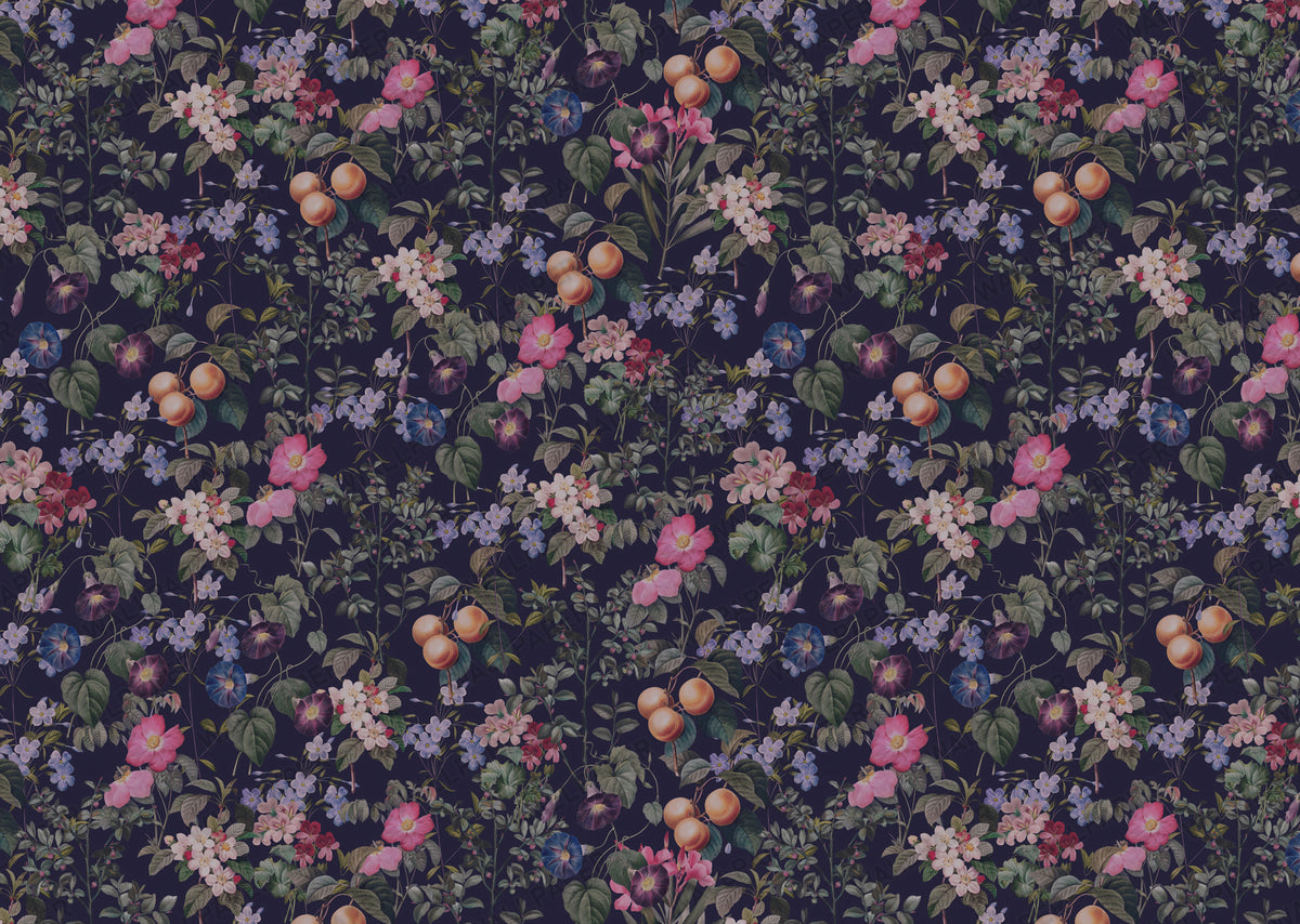Plum Peach Orchard Wallpaper : Dark Fruit and Floral Wall Mural - View 2