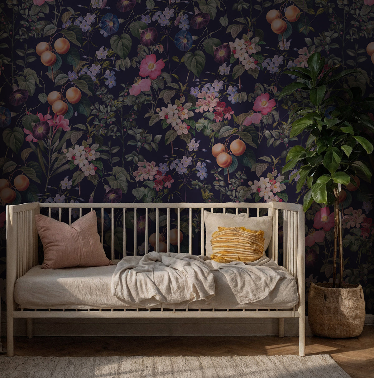 Plum Peach Orchard Wallpaper : Dark Fruit and Floral Wall Mural - View 4