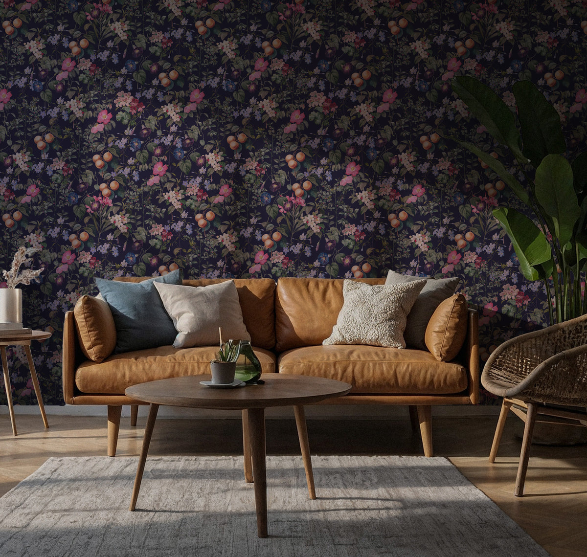 Plum Peach Orchard Wallpaper : Dark Fruit and Floral Wall Mural