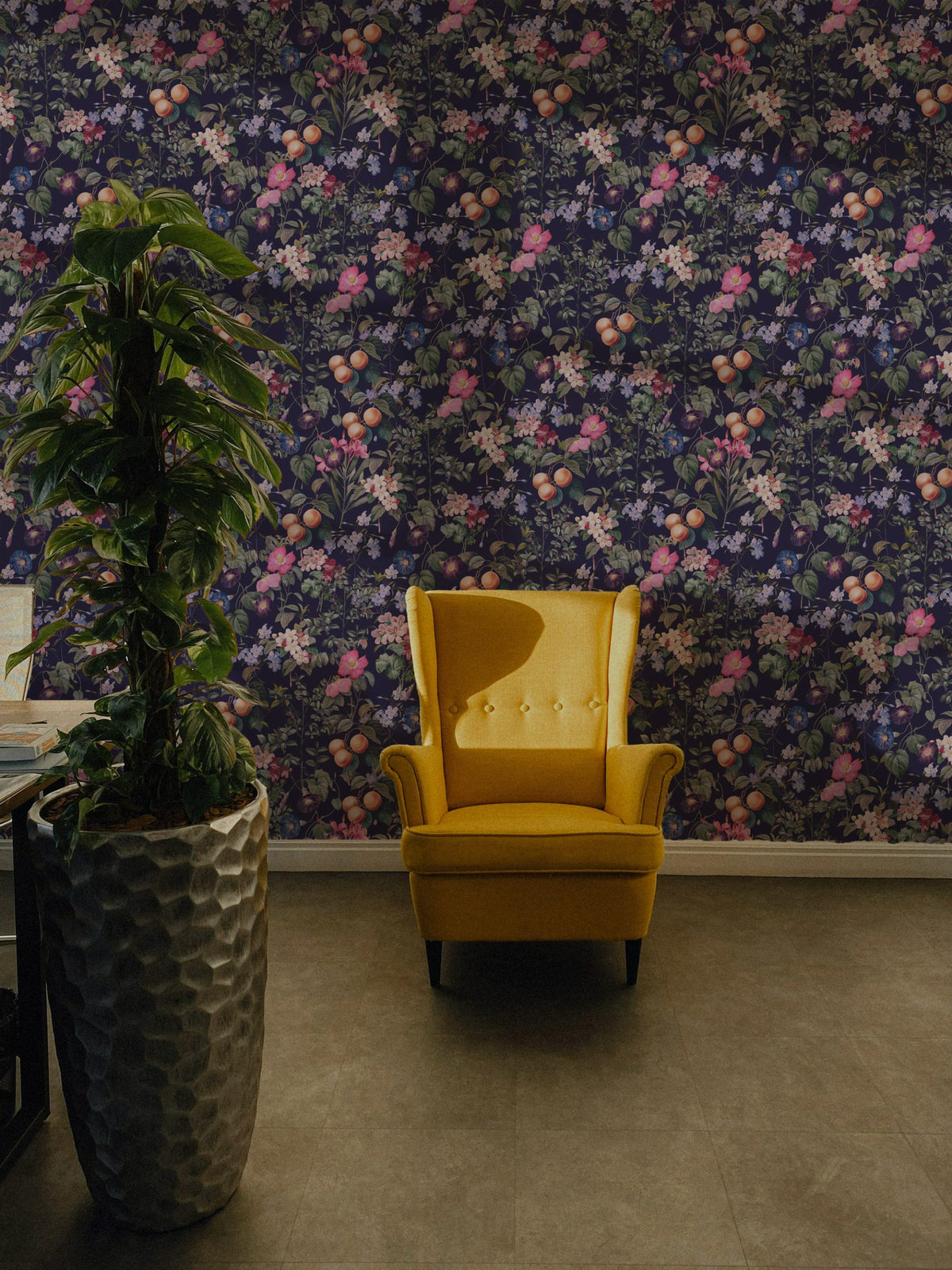 Plum Peach Orchard Wallpaper : Dark Fruit and Floral Wall Mural - View 3