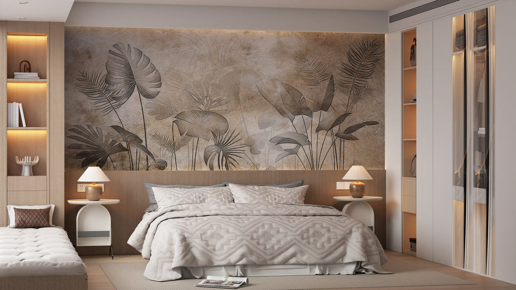 Sepia Tropical Leaf Wallpaper : Etched Plaster Botanical Mural - View 3