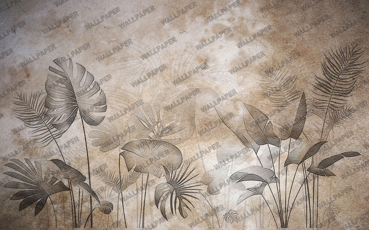 Sepia Tropical Leaf Wallpaper : Etched Plaster Botanical Mural - View 2
