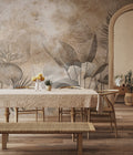 Sepia Tropical Leaf Wallpaper : Etched Plaster Botanical Mural