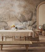 Sepia Tropical Leaf Wallpaper : Etched Plaster Botanical Mural