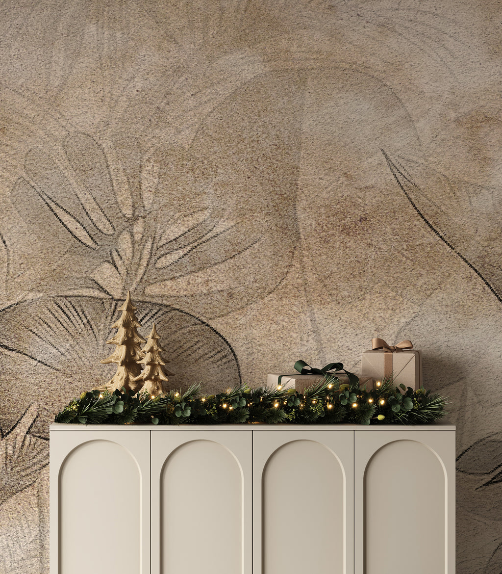 Sepia Tropical Leaf Wallpaper : Etched Plaster Botanical Mural - View 5