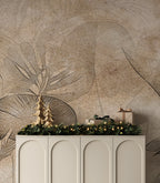 Sepia Tropical Leaf Wallpaper : Etched Plaster Botanical Mural - View 5