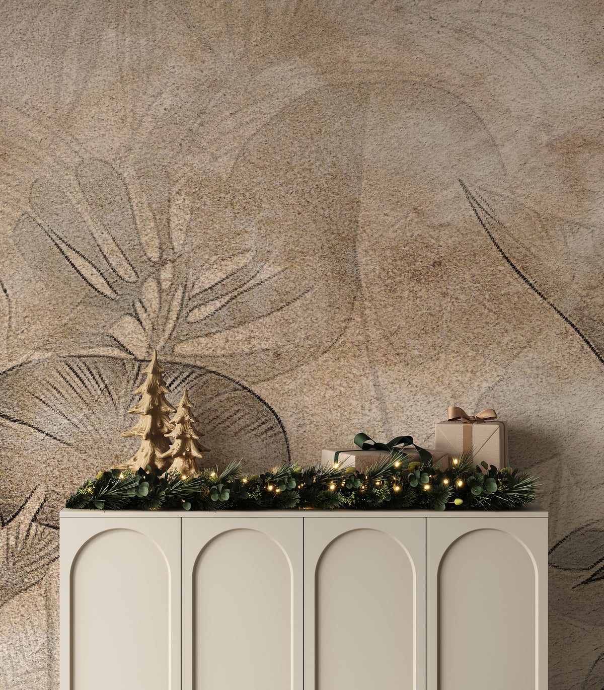 Sepia Tropical Leaf Wallpaper : Etched Plaster Botanical Mural - View 5