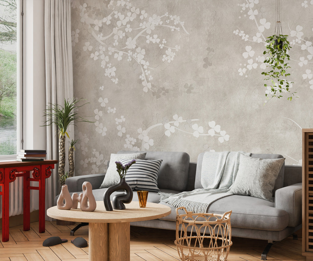 Greige Blossom Wallpaper : White Dogwood on Plaster Wall Mural - View 3