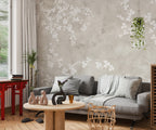 Greige Blossom Wallpaper : White Dogwood on Plaster Wall Mural - View 3