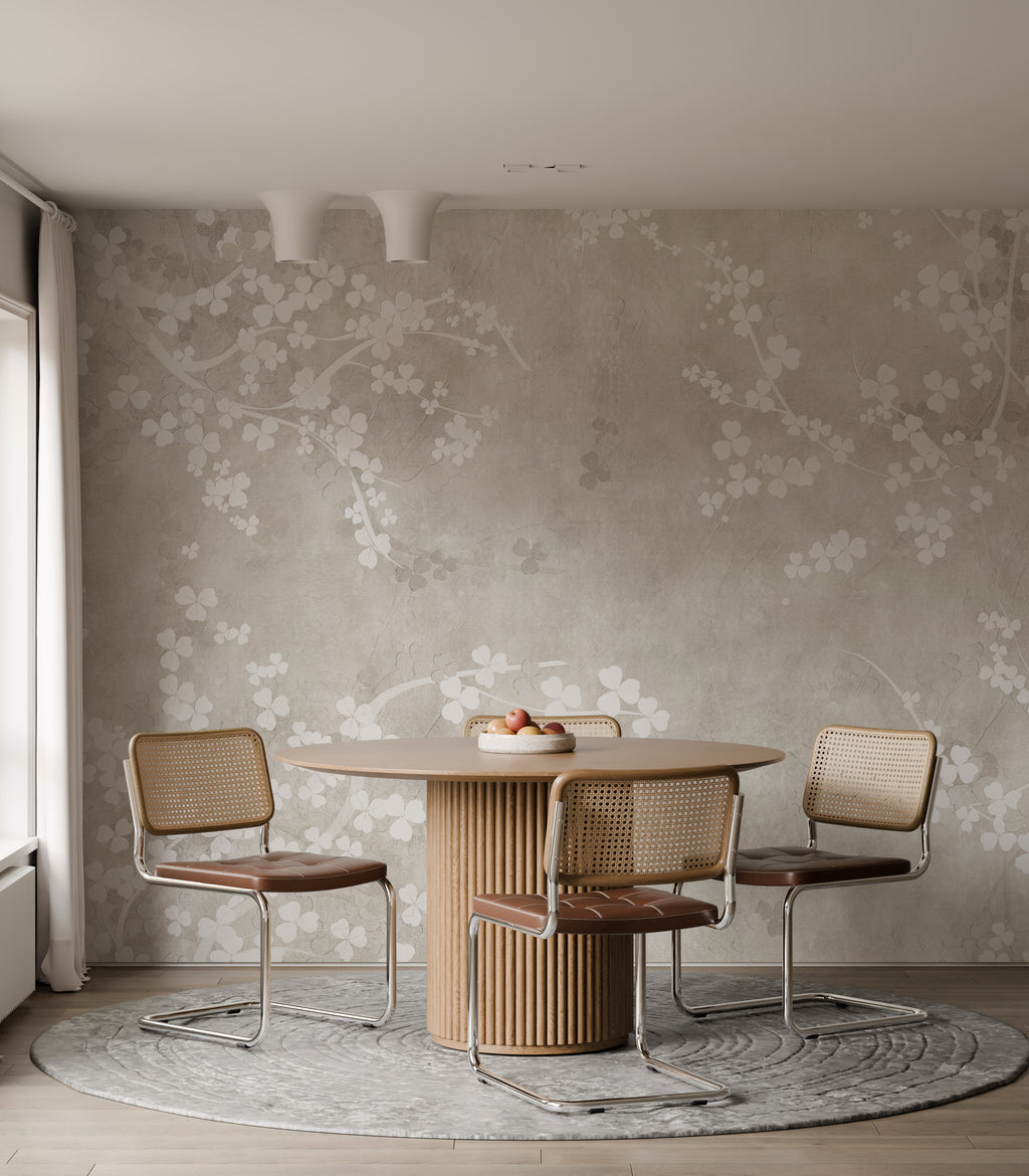Greige Blossom Wallpaper : White Dogwood on Plaster Wall Mural - View 4