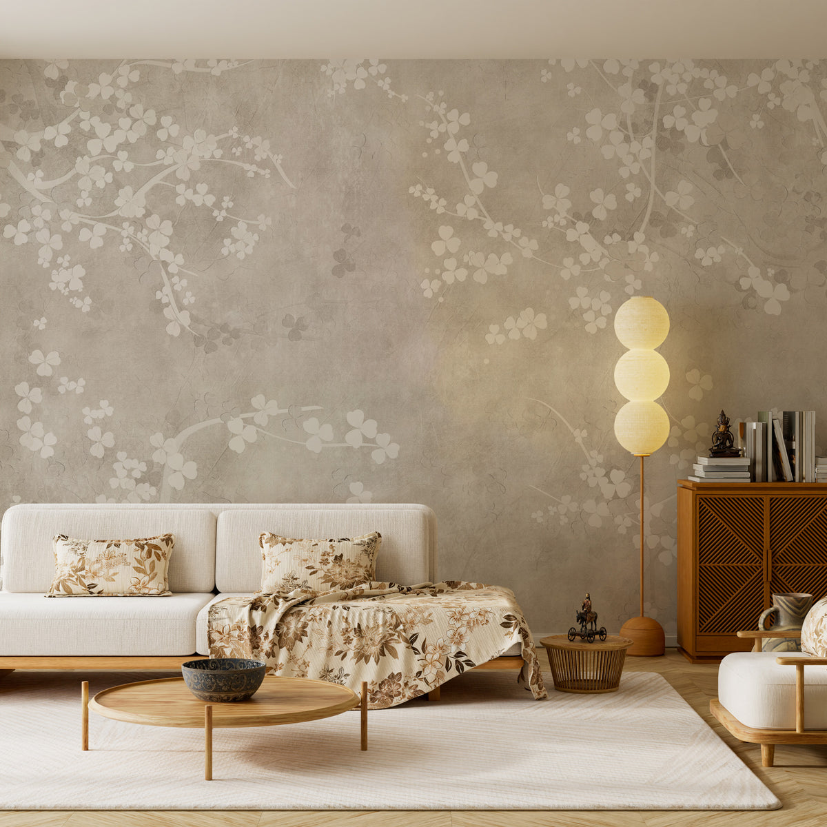 Greige Blossom Wallpaper : White Dogwood on Plaster Wall Mural - View 5