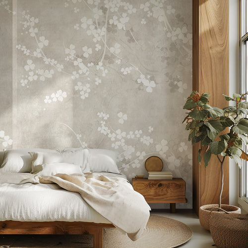 Greige Blossom Wallpaper : White Dogwood on Plaster Wall Mural