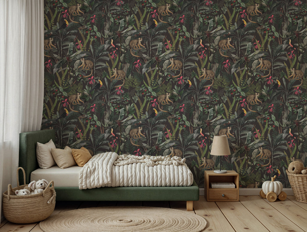 Dark Jungle Monkey Wallpaper : Tropical Leaf and Toucan Mural - View 4