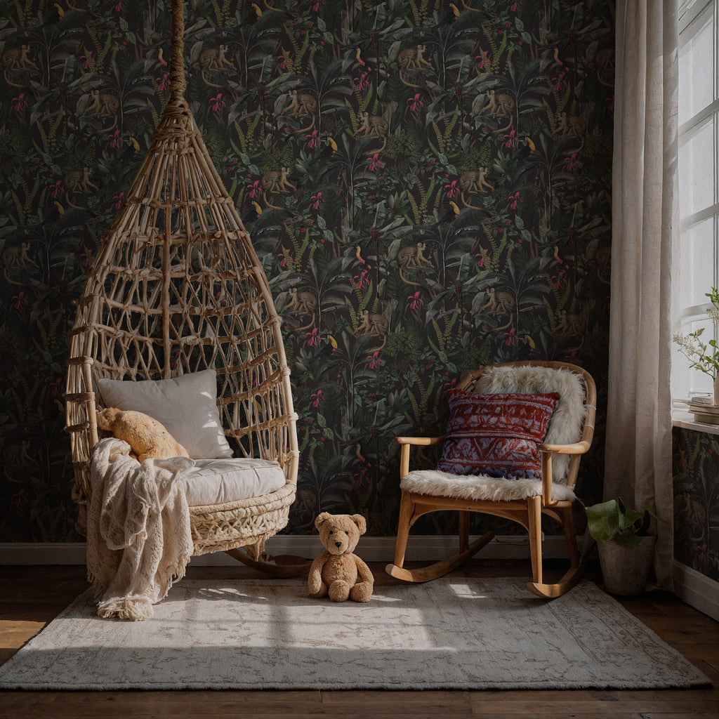 Dark Jungle Monkey Wallpaper : Tropical Leaf and Toucan Mural - View 3