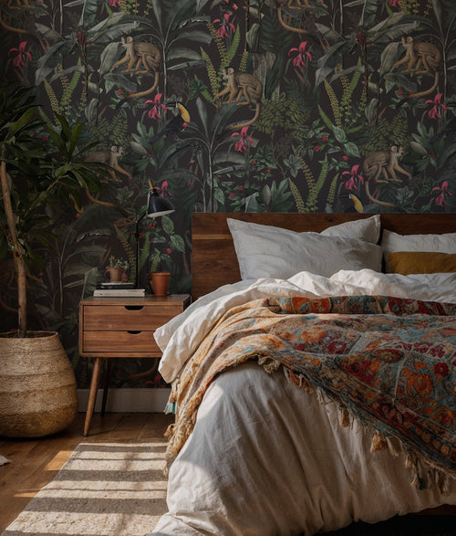 Dark Jungle Monkey Wallpaper : Tropical Leaf and Toucan Mural
