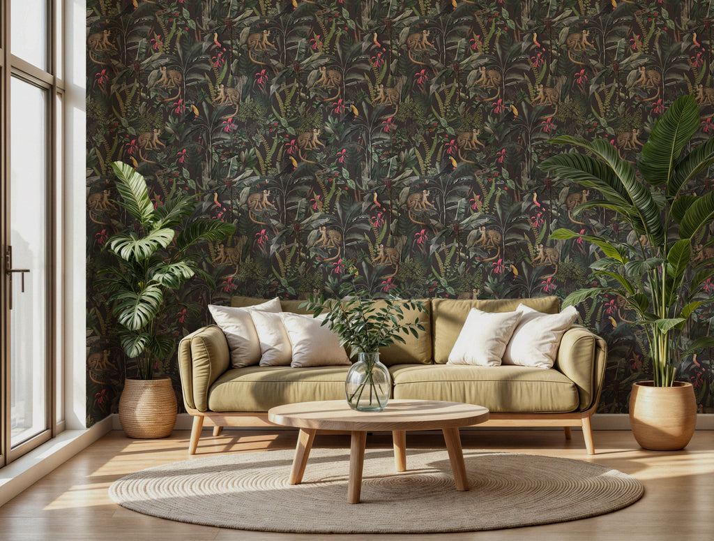Dark Jungle Monkey Wallpaper : Tropical Leaf and Toucan Mural - View 5
