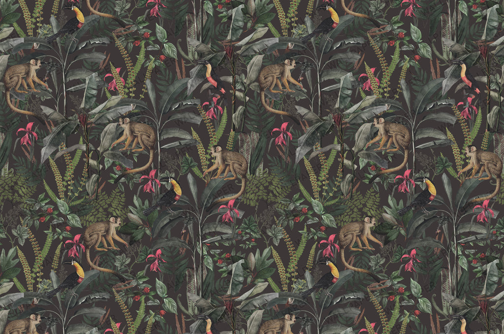 Dark Jungle Monkey Wallpaper : Tropical Leaf and Toucan Mural - View 2