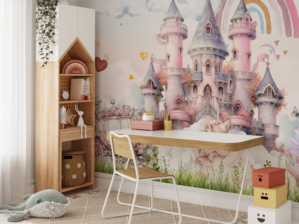 Pink Castle Wallpaper : Rainbow Fairytale Princess Kids Wall Mural - View 5