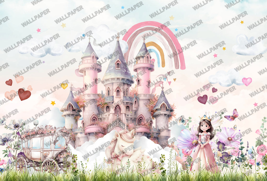 Pink Castle Wallpaper : Rainbow Fairytale Princess Kids Wall Mural - View 2
