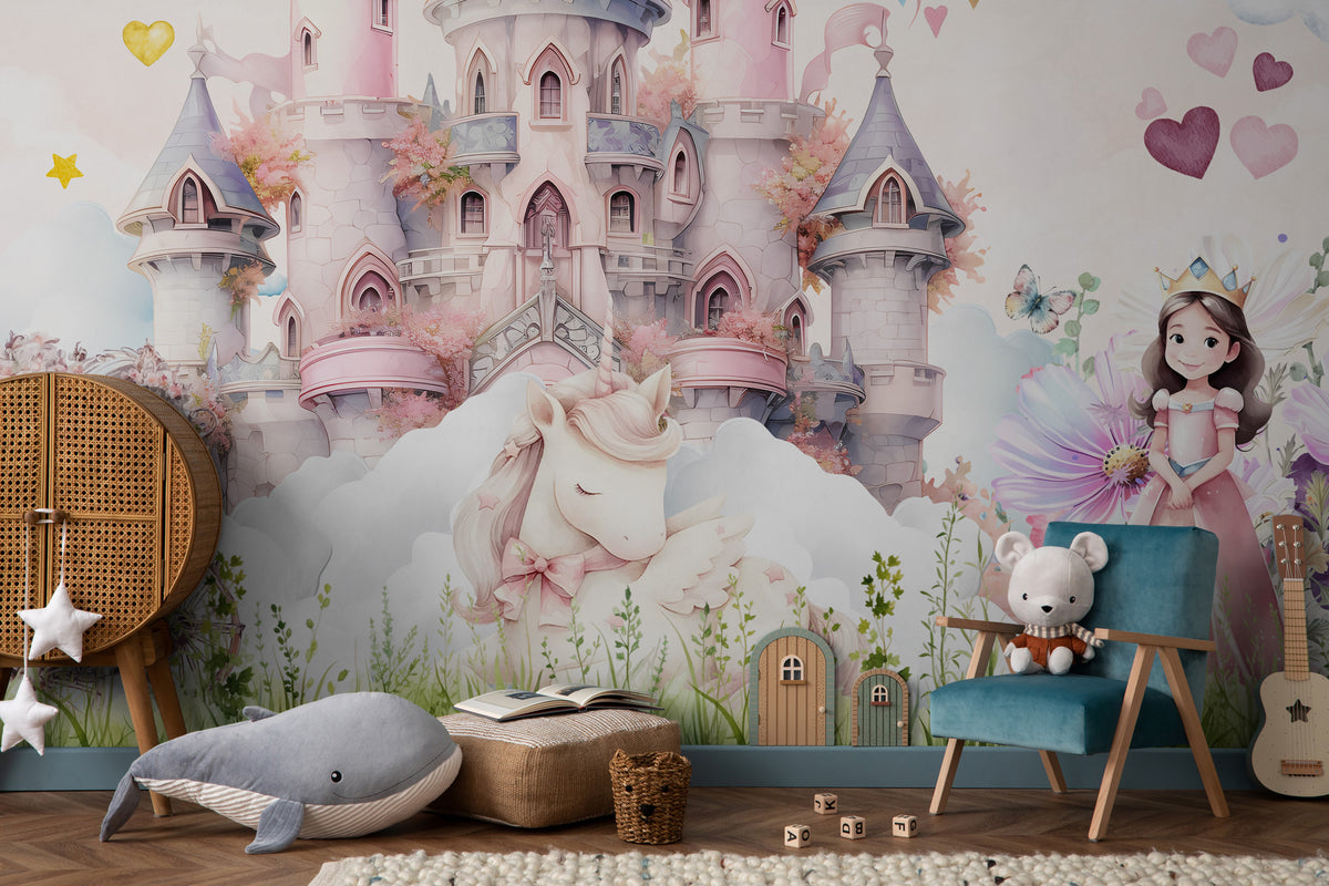 Pink Castle Wallpaper : Rainbow Fairytale Princess Kids Wall Mural - View 3