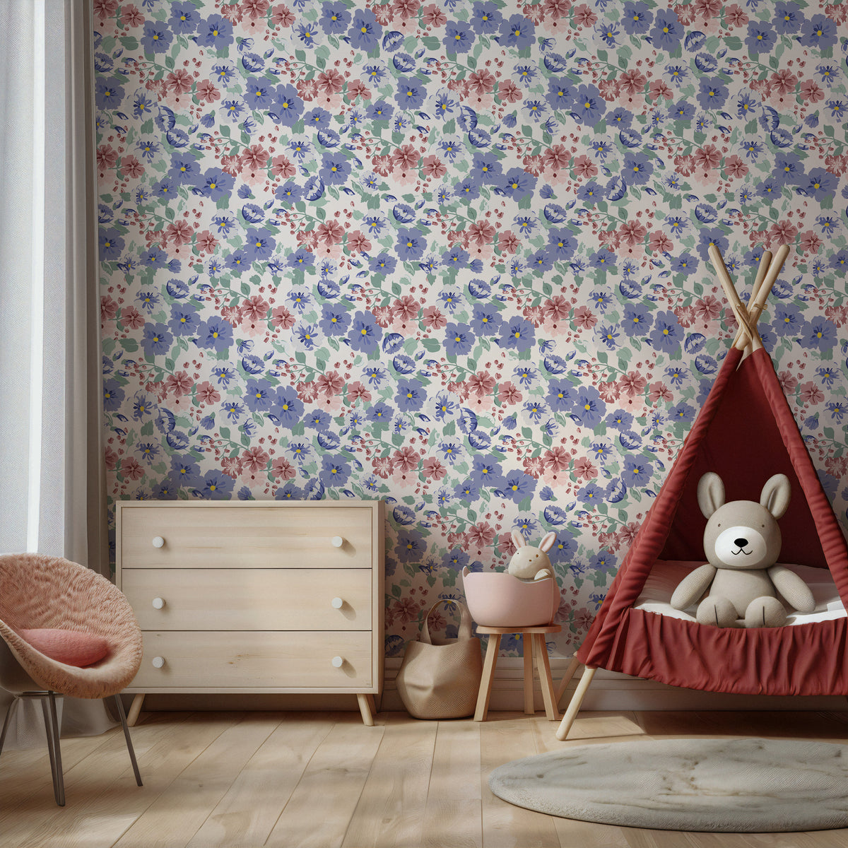 Ditsy Meadow Flower Wallpaper : Blue and Pink Watercolour Mural - View 4