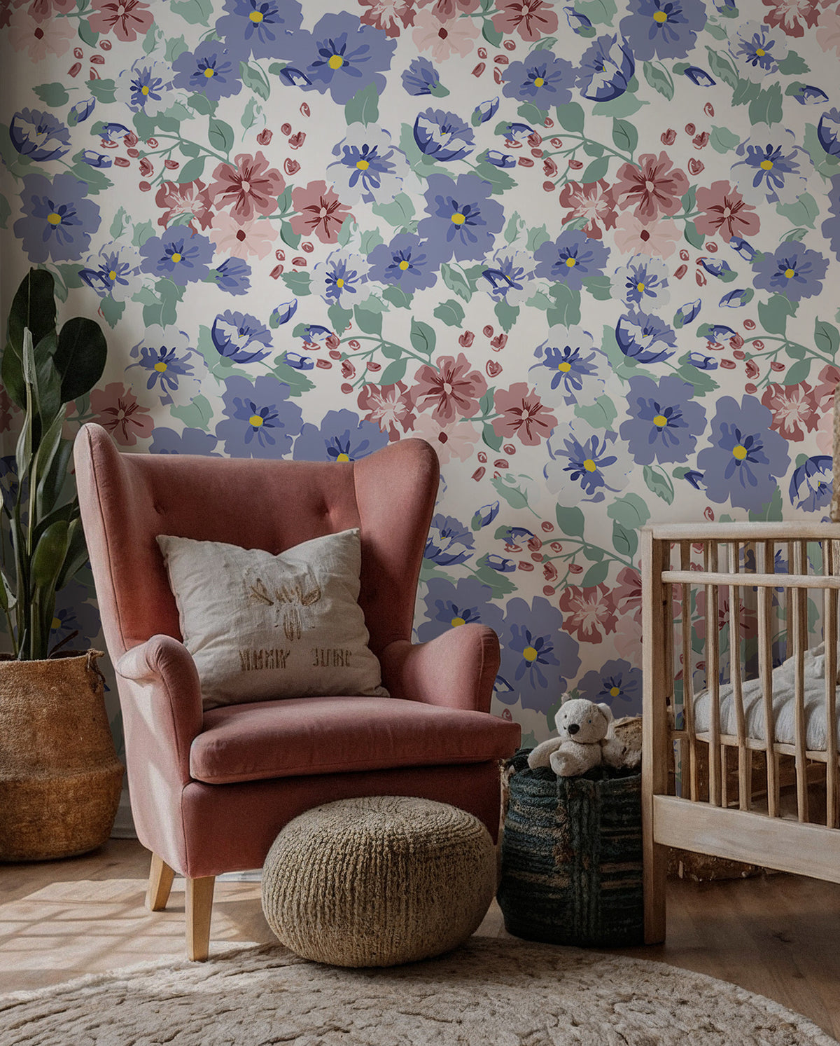 Ditsy Meadow Flower Wallpaper : Blue and Pink Watercolour Mural - View 5