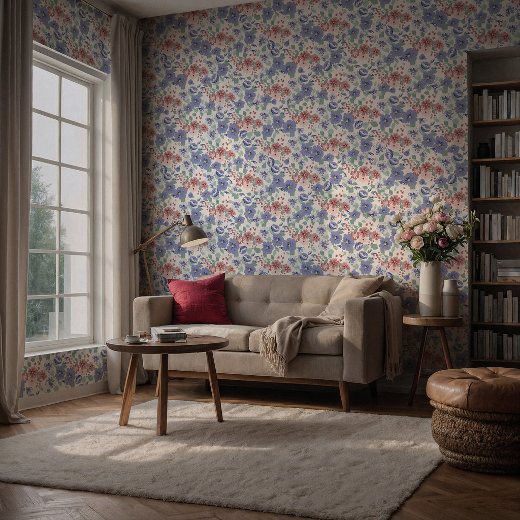 Ditsy Meadow Flower Wallpaper : Blue and Pink Watercolour Mural - View 3
