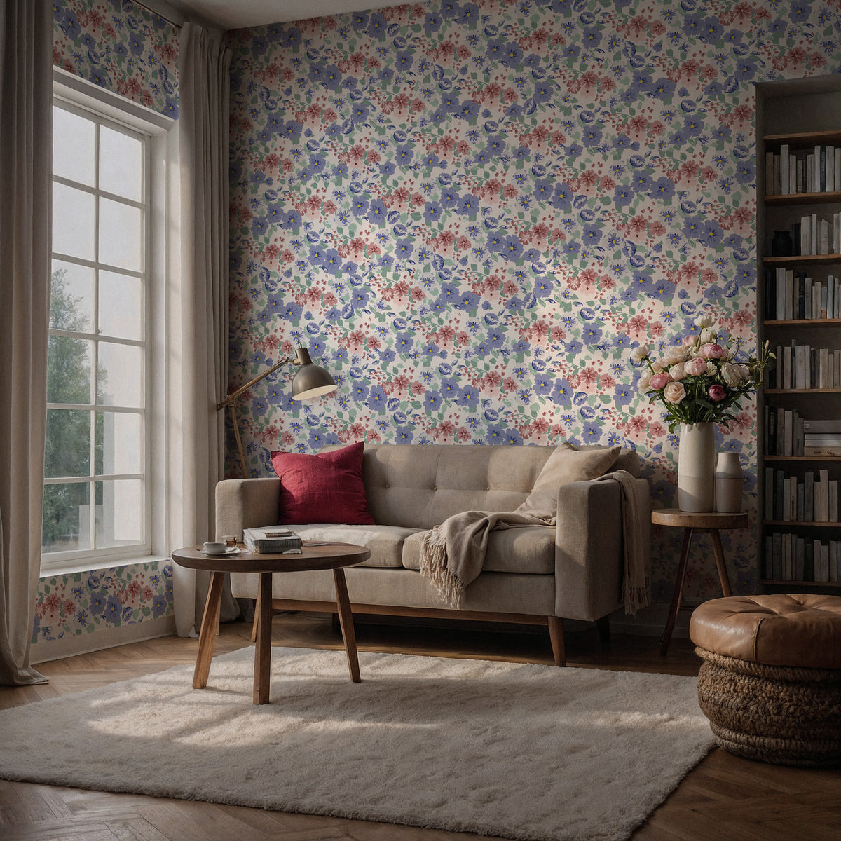 Ditsy Meadow Flower Wallpaper : Blue and Pink Watercolour Mural - View 3