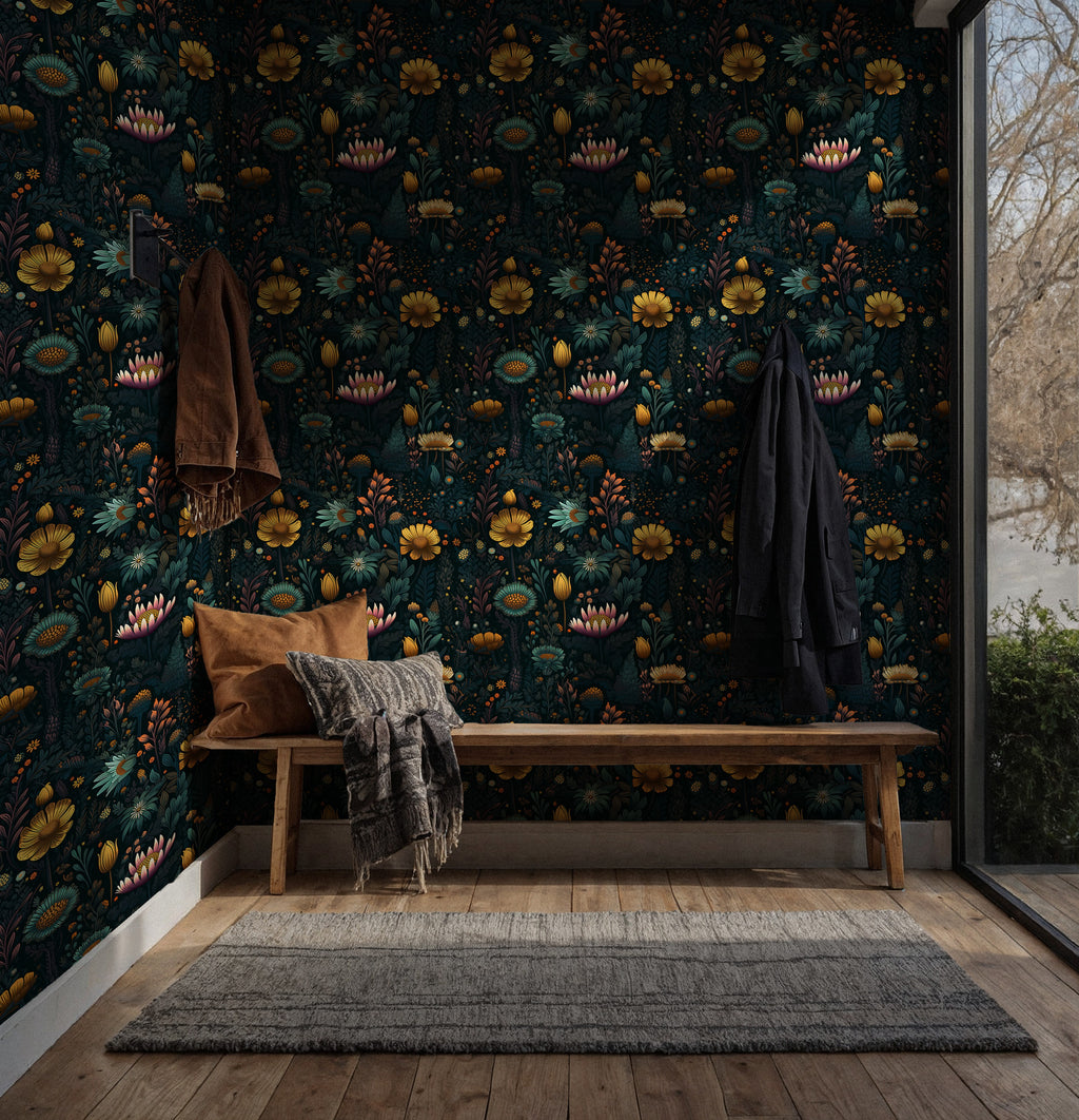 Dark Folk Flower Wallpaper : Navy and Gold Maximalist Wall Mural - View 4