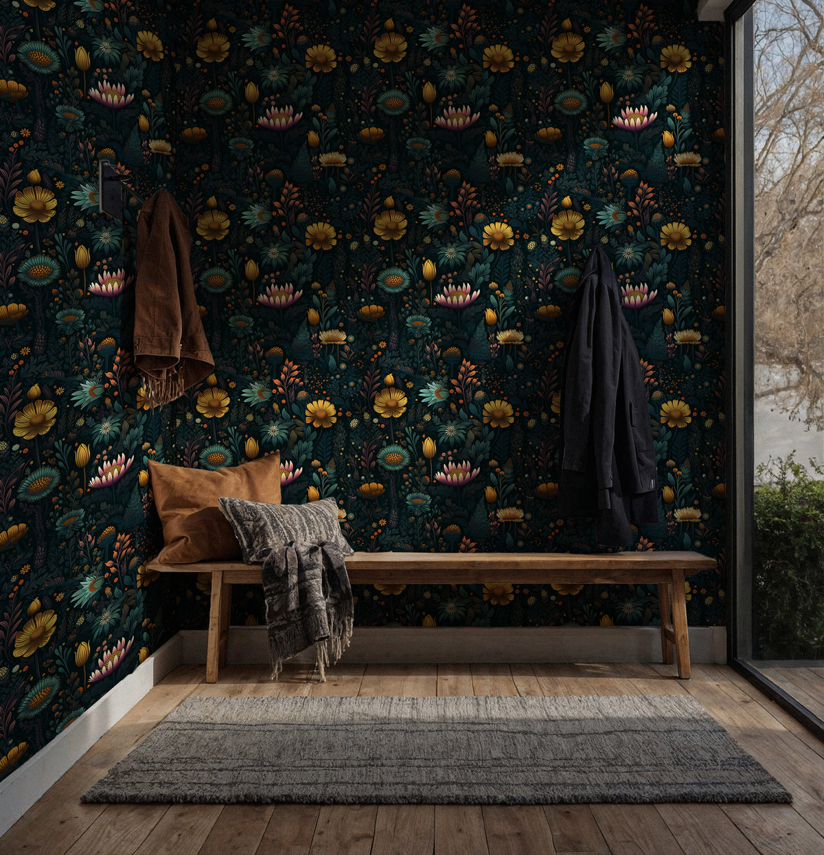 Dark Folk Flower Wallpaper : Navy and Gold Maximalist Wall Mural - View 4