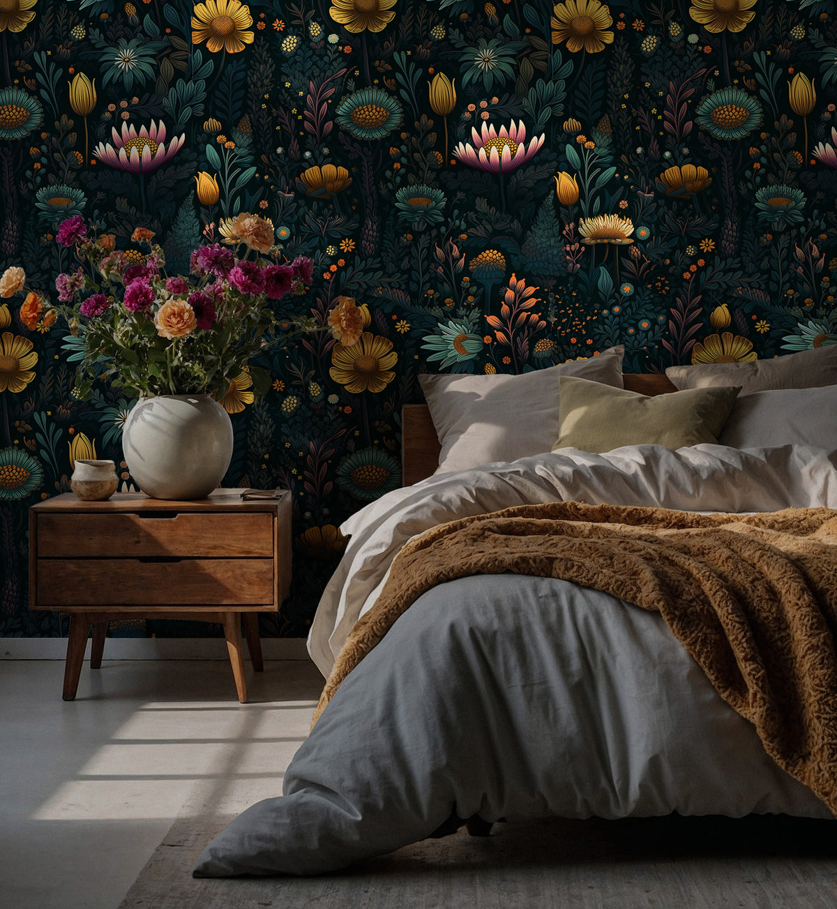 Dark Folk Flower Wallpaper : Navy and Gold Maximalist Wall Mural