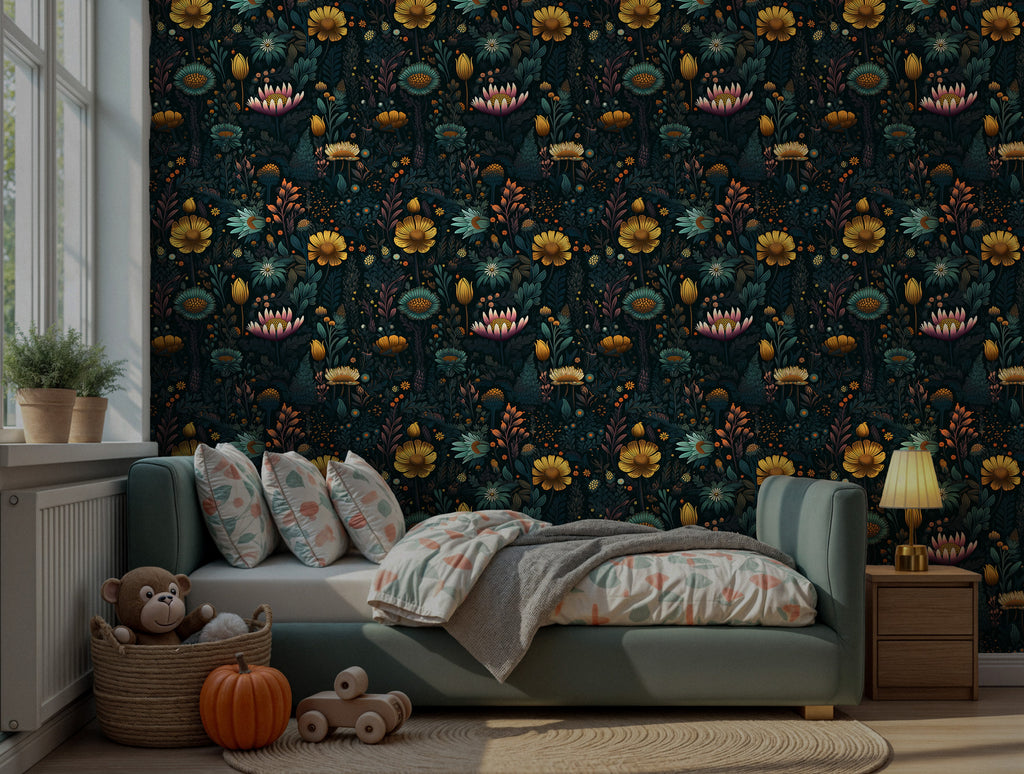 Dark Folk Flower Wallpaper : Navy and Gold Maximalist Wall Mural - View 3