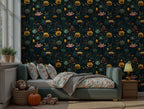 Dark Folk Flower Wallpaper : Navy and Gold Maximalist Wall Mural - View 3