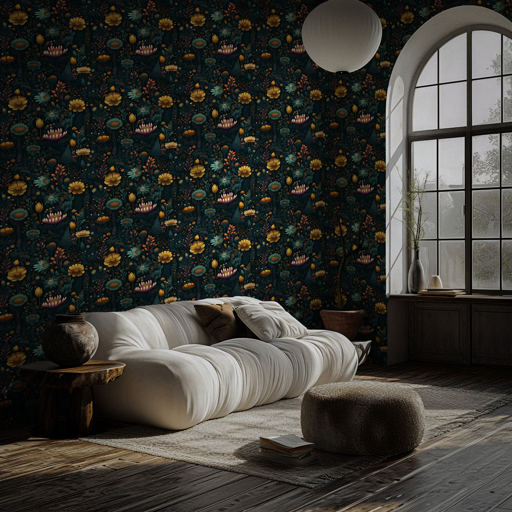 Dark Folk Flower Wallpaper : Navy and Gold Maximalist Wall Mural - View 5