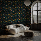 Dark Folk Flower Wallpaper : Navy and Gold Maximalist Wall Mural - View 5