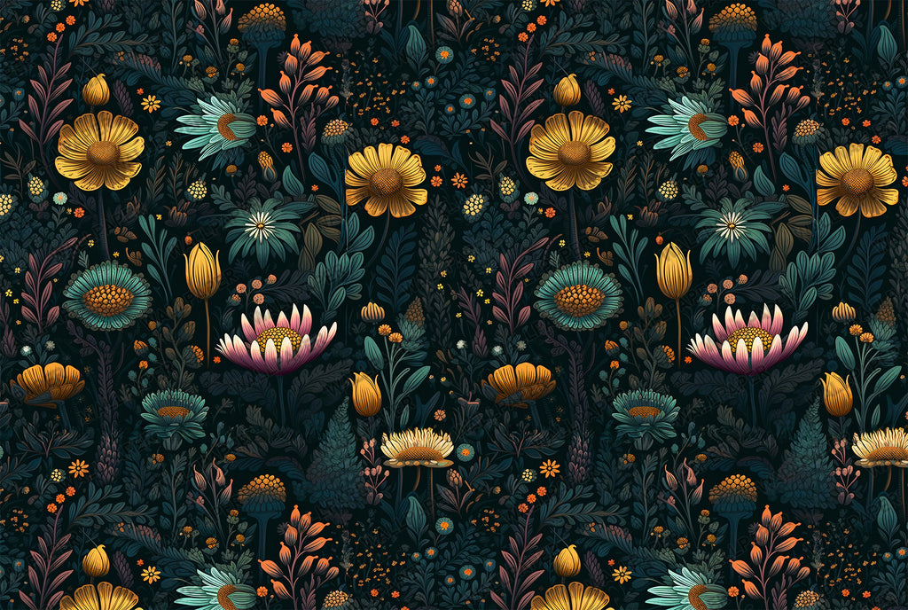 Dark Folk Flower Wallpaper : Navy and Gold Maximalist Wall Mural - View 2