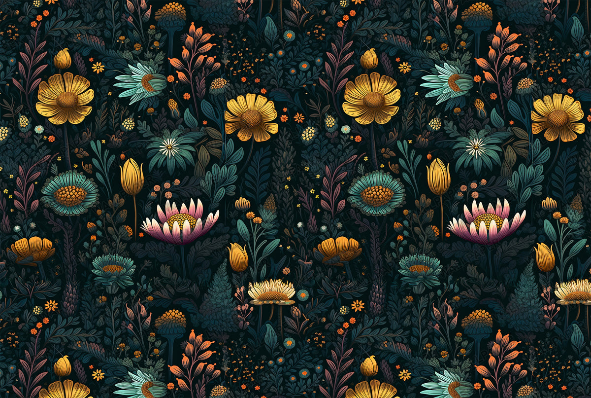 Dark Folk Flower Wallpaper : Navy and Gold Maximalist Wall Mural - View 2