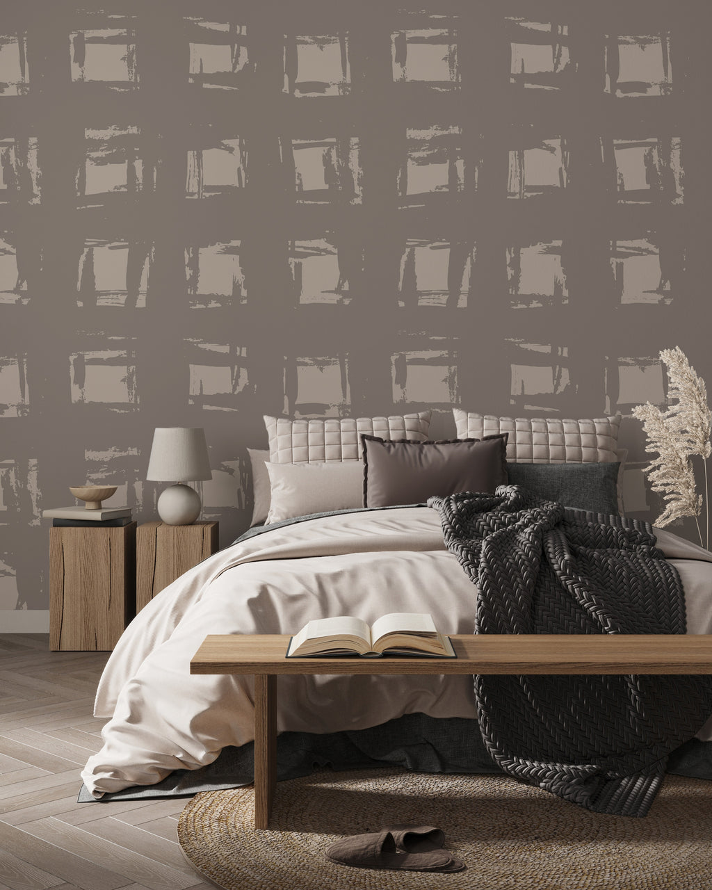 Brushed Square Wallpaper : Taupe Geometric Texture Wall Mural - View 4