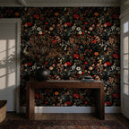 Black Folk Floral Wallpaper : Dark Millefleurs Meadow Wall Mural - View 3